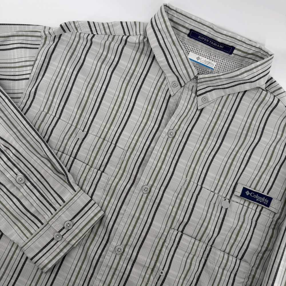 Columbia PFG Super Tamiami Fishing Shirt Mens Large Grey Striped Long Sleeve